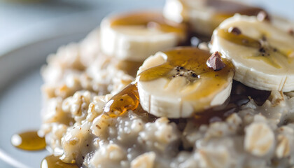 a, porridge, oats, with, bananas, banana, pieces, food, honey, running, new, modern, beautiful, closeup, breakfast, bowl, meal, dish, healthy, fresh, millet, corns, creamy, couscous, Marple, sirup