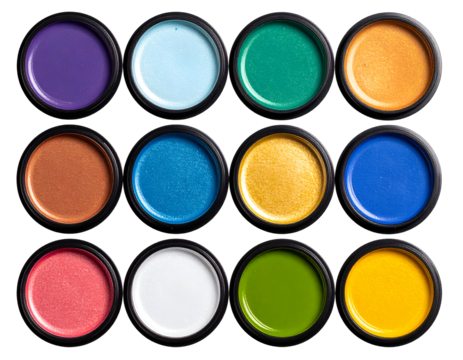 An eye-catching array of colorful cream makeup pots arranged in a neat grid, offering a spectrum of vibrant hues.