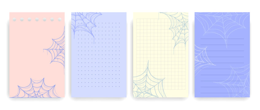 Set of pastel note papers featuring spider web designs with lined, grid, and dotted layouts, ideal for bullet journaling, Halloween themed planners, stationery, printable to-do lists and notes.Vector