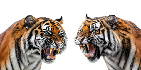 Two angry tigers growling at each other in a confrontation on a transparent background