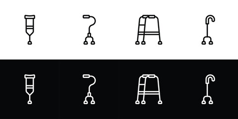 Crutches icon set. Flat design symbol collection isolated on black and white background.