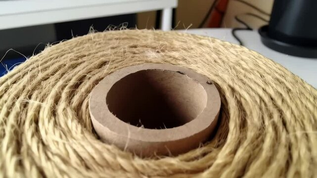 Close-up view of a large spool of light brown natural fiber twine, showcasing its texture and coiled form, ideal for crafting and packaging projects.