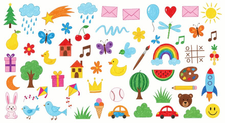 Obraz premium Colorful Child's Drawings of Everyday Objects and Activities