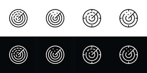 Radar display icon set. Flat design symbol collection isolated on black and white background.