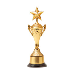 Vibrant photo of golden trophy with star on top isolated on transparent background.