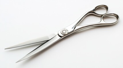 A pair of shiny, stainless steel scissors with sharp pointed blades on a plain white background.