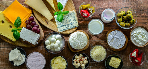 A variety of dairy products including cheese, milk and yogurt
