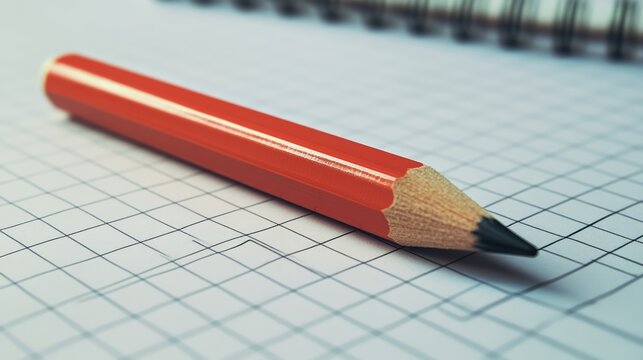 A sharpened red pencil lies diagonally on a sheet of graph paper with blue grid lines and a spiral notebook in the background.