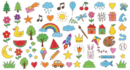 Colorful Hand-Drawn Doodle Illustrations of Various Objects and Symbols