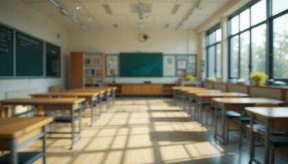 BEAUTIFUL Blurred Background of a Bright Classroom and Study Room with Panoramic Windows and Good Lighting. Beautiful Blurred School Background.