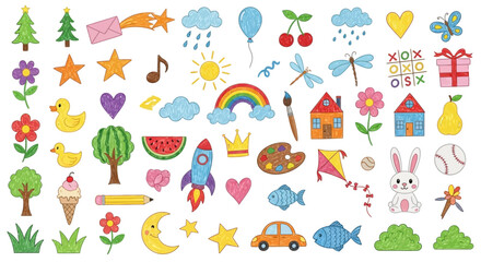 Whimsical Hand-Drawn Colorful Doodle Collection with Trees, Stars, Animals, and Objects