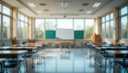 BEAUTIFUL Blurred Background of a Bright Classroom and Study Room with Panoramic Windows and Good Lighting. Beautiful Blurred School Background.