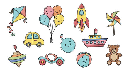 Naklejka premium Colorful Hand-Drawn Toy Collection: Kite, Balloons, Rocket, Car, Boat, Pinwheel, and Teddy Bear