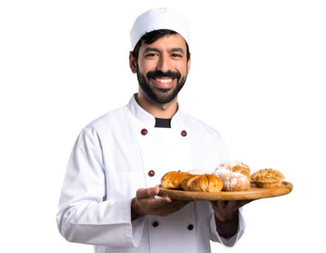 A friendly baker in a crisp white uniform beams while presenting a tempting tray of assorted baked delights.