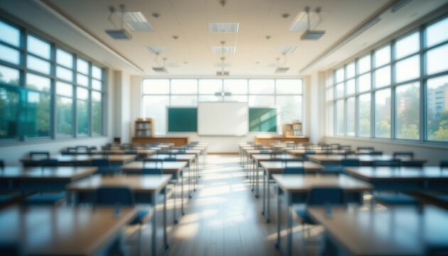 BEAUTIFUL Blurred Background of a Bright Classroom and Study Room with Panoramic Windows and Good Lighting. Beautiful Blurred School Background.