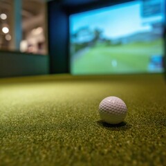 ball rests on putting green, simulator screen showing a scenic course in the background.