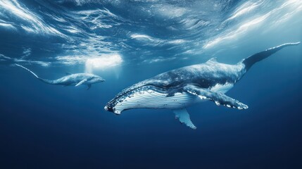 Fototapeta premium Two humpback whales swim in the deep blue ocean, light shimmering on the water surface