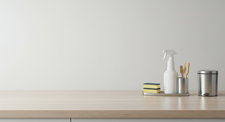 An elegant and minimal composition showcases cleaning supplies set artfully on a sleek wooden surface, creating a sense of freshness, cleanliness, and order.