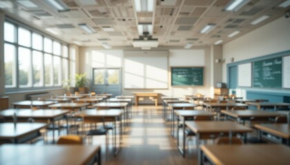 BEAUTIFUL Blurred Background of a Bright Classroom and Study Room with Panoramic Windows and Good Lighting. Beautiful Blurred School Background.