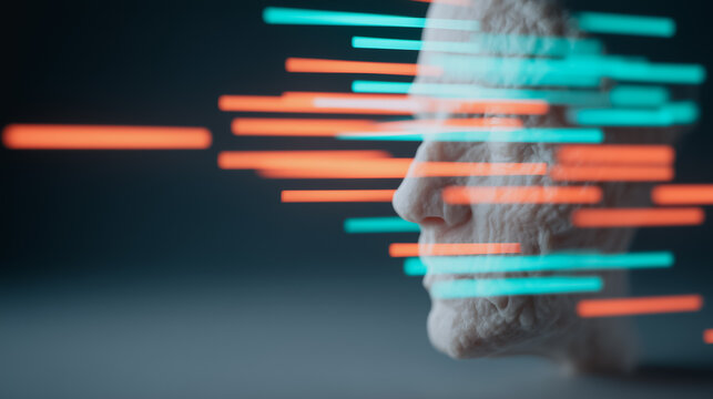 Digital Face Recognition: Abstract profile of a human face overlaid with streaks of vibrant teal and orange light, symbolizing digital data streams and the process of facial recognition technology. - Powered by Adobe