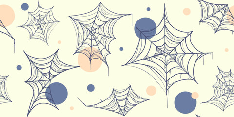 Seamless spider web pattern with cobwebs on a light background, perfect for Halloween packaging, scrapbooking, digital paper, fabric design, web backgrounds.Vector illustration