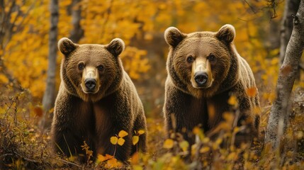 Two brown bears stand amid autumn leaves and trees in a forest, facing the camera
