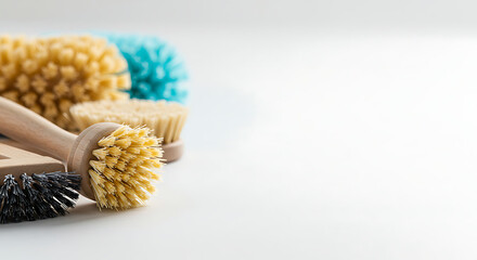 A close-up shot captures a collection of colorful cleaning brushes in a soft focus, emphasizing the natural textures and eco-friendly design.