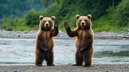 Two brown bears stand on hind legs, waving against a backdrop of river and forest