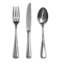 Vibrant photo of elegant silver fork knife and spoon set isolated on transparent background.