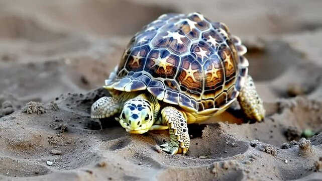 Baby tortoise with a textured shell slowly walking on a white rock 4k animal video footage