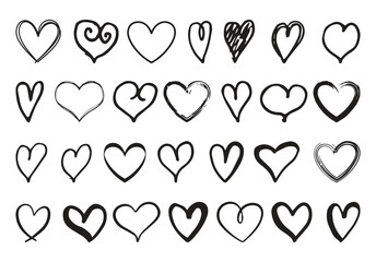 Hand-drawn linear hearts set. Valentine's day, ink, drawn heart, shapes, marker, graphic design, elements, collection, uneven, textured, edge, doodle, templates, outlines, artistic, lines, chalk, b