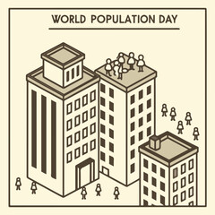 Obraz premium Crowded City Skyline – Urban buildings packed with tiny human figures world population day illustration
