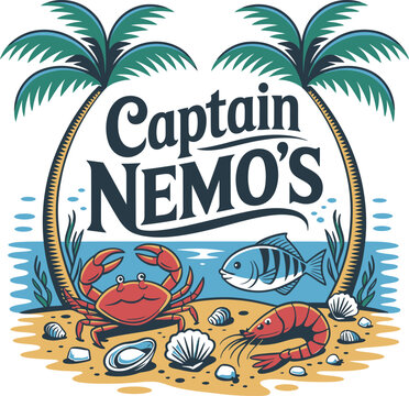 A colorful logo for "Captain Nemo's" seafood restaurant featuring a beach scene with palm trees, a crab, fish, shrimp, and shells.
