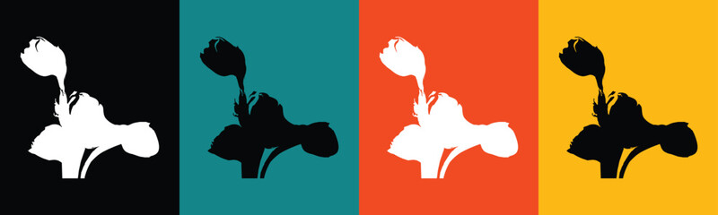 White and black flower silhouettes on colorful backgrounds teal