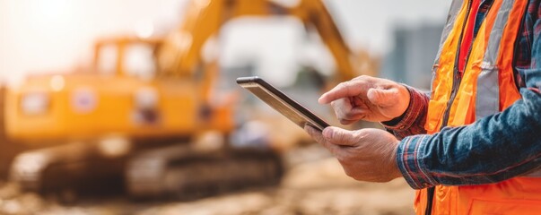 Construction worker uses a tablet on a building site, reviewing plans amidst heavy machinery.