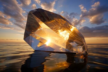 Explore the brilliance of a diamond reflecting the golden sunset over the serene sea