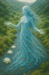 River Goddess Made of Flowing Water Walking Through Valley Stream with Fish and Floating White Lotus Flowers