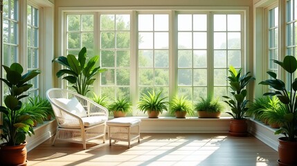 Fototapeta premium Luminous Sunroom with Coastal Influence Featuring White Rattan Furniture and Abundant Green Plants for an Indoor Oasis
