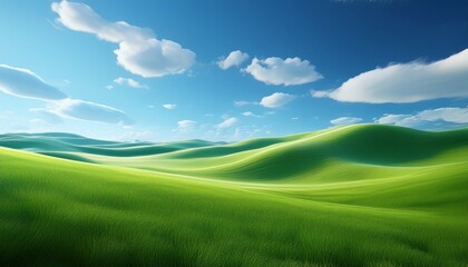 a clean modern 3d render of a green rolling meadow under a blue sky with soft clouds focusing on minimalism and beauty in nature