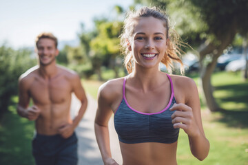 Fototapeta premium A woman is running with a man behind her