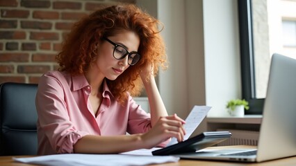 Focused Redhead Woman Calculating Finances at Desk