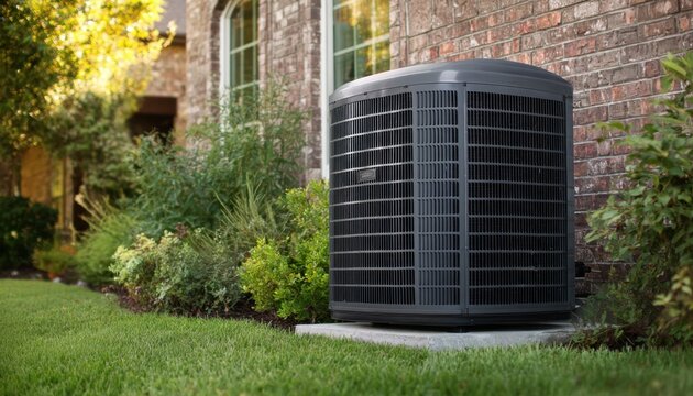Modern air conditioning unit sits quietly beside a lush green lawn and brick house, enjoying the summer sun.