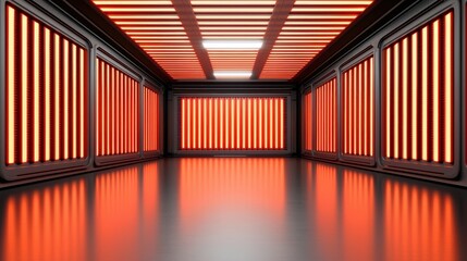 Futuristic Empty Room with Red Neon Lighting and Reflective Floors