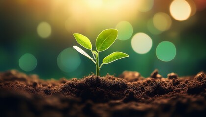 green plant emerges from rich soil symbolizing growth and potential background features soft bokeh effect enhancing feeling of optimism and progress