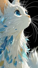 anime style close up shot of a white cat