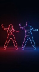 Fototapeta premium Two dancers are performing with red and blue neon lights, creating a vibrant and energetic atmosphere, suggesting themes of nightlife, entertainment, and artistic expression