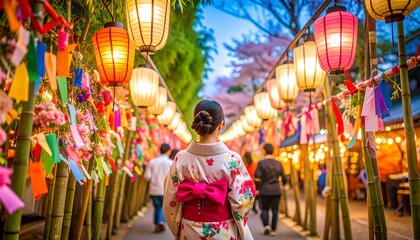 七夕祭りの夜、浴衣の女性と竹飾りの小道