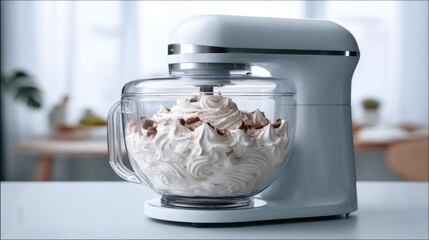 Food mixer with transparent lid showing ingredients being whipped inside