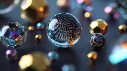 Abstract iridescent spheres and geometric shapes scattered on dark surface.  Digital art, 3D rendering, vibrant colors,  shiny textures.