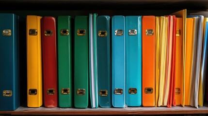 Colorful binders and folders neatly arranged on a wooden shelf, showcasing organized documents in various vibrant hues.